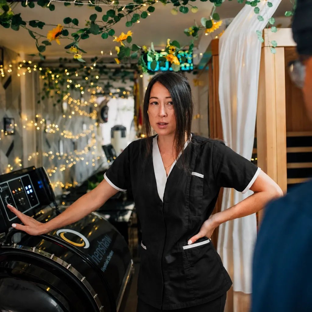 Zoe Wong beside the hyperbaric oxygen chamber at Hope House Recovery
